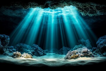 Aufkleber - A realistic underwater scene with light rays penetrating the aqua-colored water, creating a tranquil ambiance
