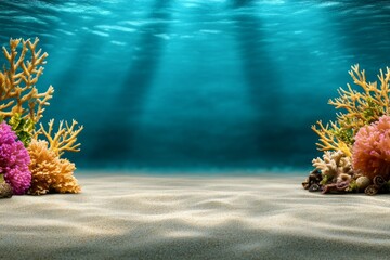 Aufkleber - A realistic underwater scene with light rays penetrating the aqua-colored water, creating a tranquil ambiance
