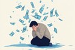 © better - man crying on the ground with hands over face surrounded by flying money bills financial struggles crisis depression anxiety