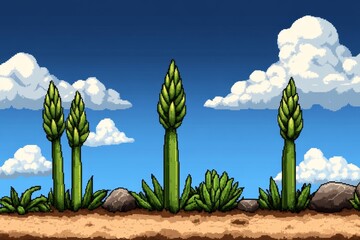 Poster - Pixel art depiction of asparagus stalks, with vibrant greens and simple blocky textures reminiscent of retro video games