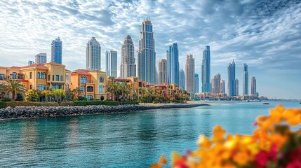 City skyline with modern buildings near waterfront and vibrant flowers.