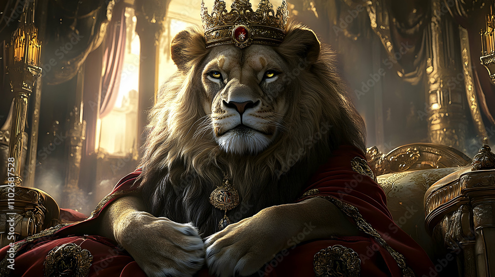 Majestic Lion King: A Regal Digital Illustration of a Lion Wearing a ...