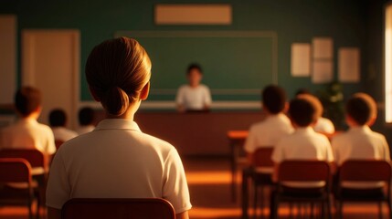 Poster - Warm and inviting classroom environment with teacher closely interacting and engaging with students fostering an atmosphere of learning support and academic growth