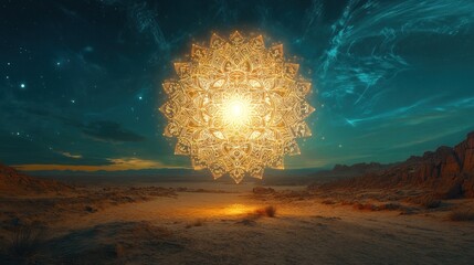 Glowing mandala floats above desert landscape at sunset, under a vibrant night sky.