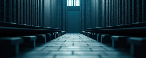 Poster - A dimly lit corridor with rows of benches leading to a distant doorway, creating a sense of depth and tranquility.