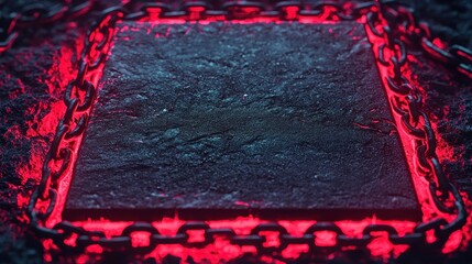 Poster - A dark, textured surface is illuminated by red light, surrounded by chains, creating a mysterious and ominous atmosphere.