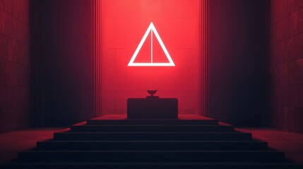 Poster - A dimly lit altar with a glowing red triangular symbol against a dark backdrop, creating a mysterious and ominous atmosphere.