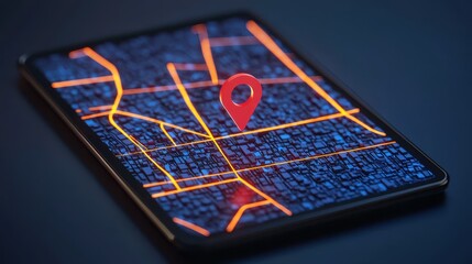 Poster - A smartphone displaying a glowing map with a prominent location pin, highlighting navigation and geolocation features.