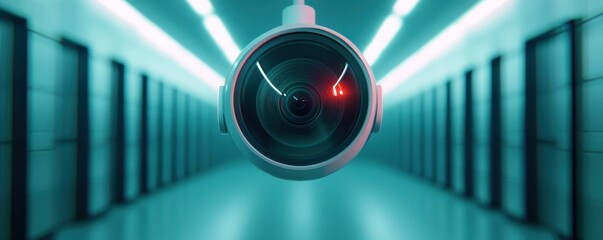 Poster - A futuristic surveillance camera captures a dimly lit corridor with neon lighting, emphasizing security and technology in a modern environment.