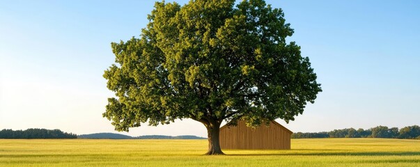 Fototapete - Large tree with a wooden shed in an open field under a clear blue sky.