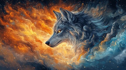Wall Mural - Majestic wolf portrait engulfed in fiery and icy cosmic clouds.