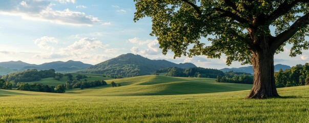 Fototapete - Expansive green field with trees and mountains, under a clear blue sky.