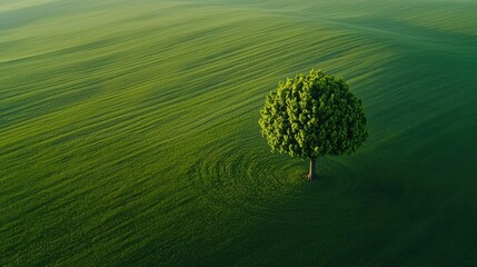 Fototapete - Lush green tree standing alone in a vibrant green field under a clear blue sky.