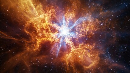 A vivid depiction of a birth within a nebula. The glowing gases and emerging stars create a dynamic and beautiful scene of stellar creation and cosmic activity.