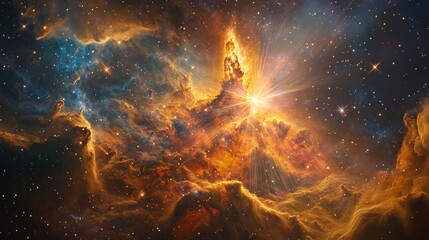 A vivid depiction of a birth within a nebula. The glowing gases and emerging stars create a dynamic and beautiful scene of stellar creation and cosmic activity.