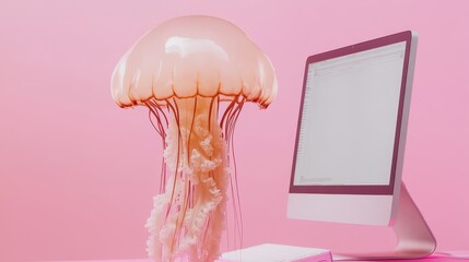 Poster - Jellyfish Floating Near a Computer Setup