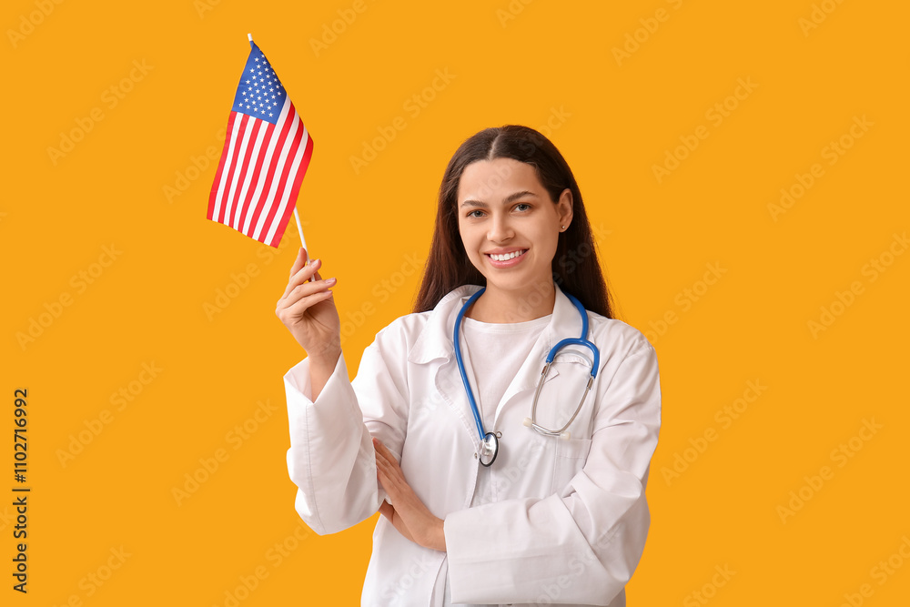 Female doctor with USA flag on yellow background