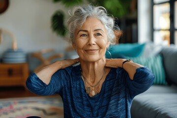 Senior woman stretching at home, navy blue outfit, smiling, focused, high resolution