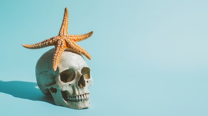 Poster - Starfish on Skull Against Blue Background