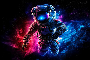 Wall Mural - empowering through technology. exploring cosmos, astronaut floats in space, surrounded by vibrant co