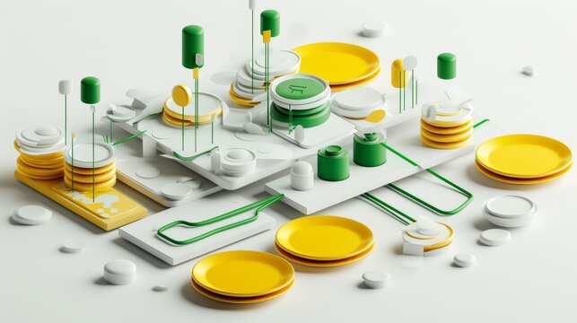 A visually appealing 3D-rendered arrangement of plates, utensils, and containers in yellow, white, and green, styled in a geometric and abstract layout on a white surface. AI generated.
