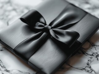 Poster - Elegant Black Gift Card with Ribbon on White Grey Background - 3D Render, Top View, Minimal Design for Shopping Promotion