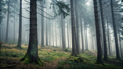 fog swirling around the trunks of dark spruce trees in a dense forest, foggy environment, foggy fore