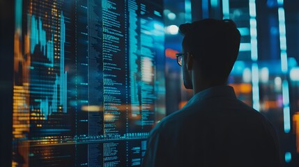 programming coding and man with focus hologram and trading with cyber security futuristic and research male person investor and employee with data analysis server or investment with website info