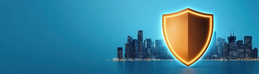 Poster - A glowing shield symbol against a blue background with a city skyline, representing security and protection in a modern context.
