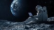 © RaNy - Documentary photo of an astronaut working with a laptop on the moon with the planet Earth in the background, full shot, showing the vast lunar