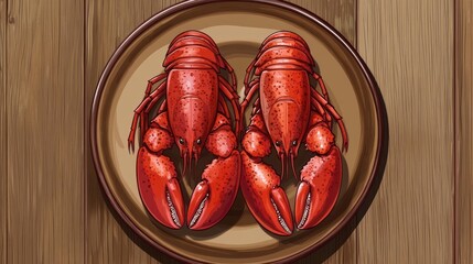 Two Cooked Lobsters On A Wooden Table