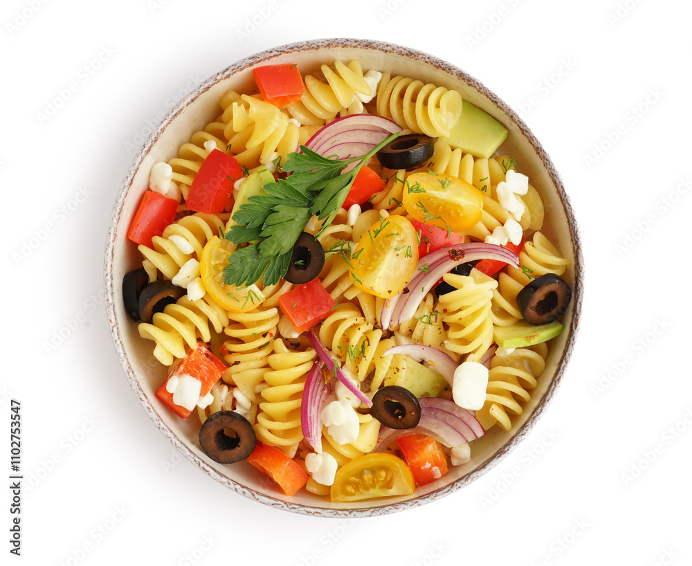 Plate with traditional pasta salad on white background