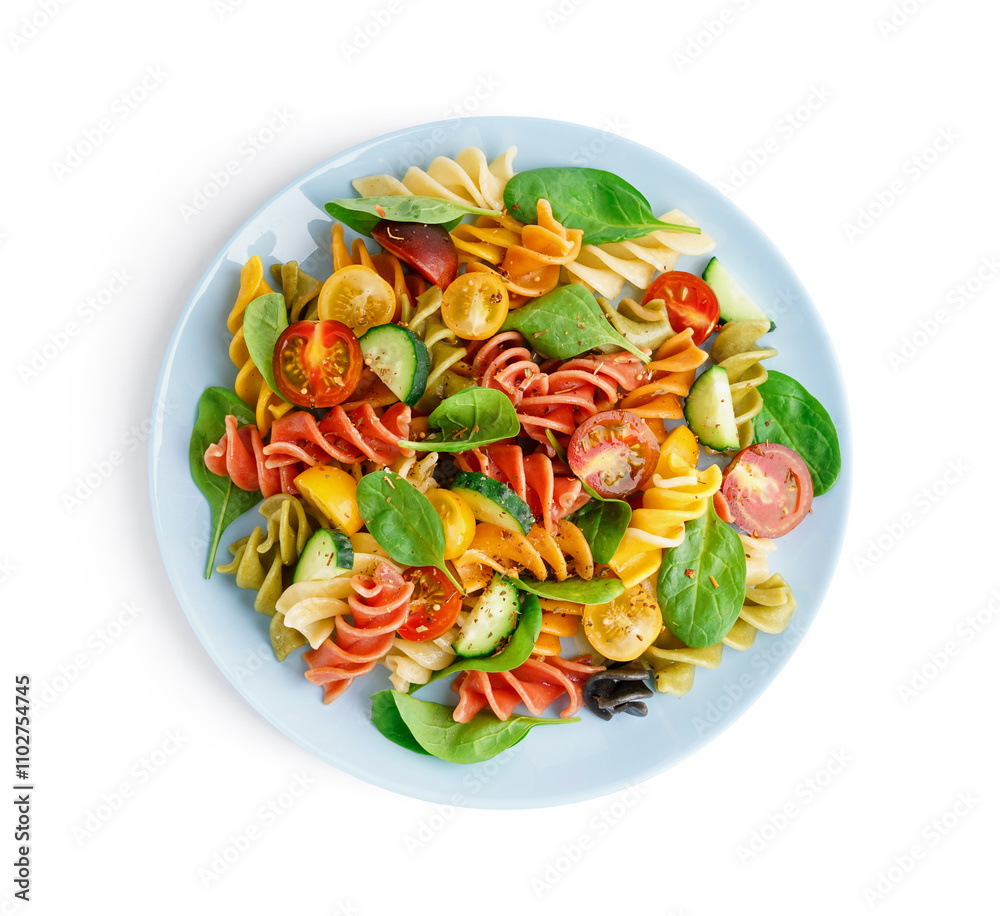 Plate with Italian pasta salad on white background