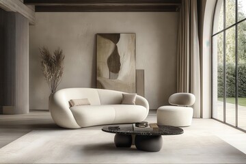 Wall Mural - Japandi-style simple living space showcasing a rounded couch and stylish chair arrangement for contemporary residences