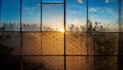 Wall Mural - Golden hour sunset seen through a textured window pane.