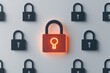 © Nitchalee N. - Access control permissions and encryption, A vibrant red padlock stands out among black padlocks on a light background, symbolizing security and protection in a digital or physical context.