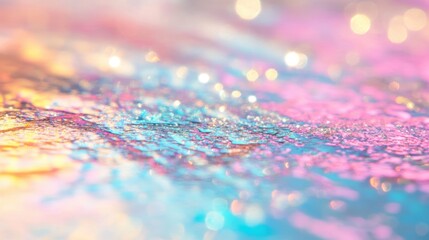 Canvas Print - Close up view of a reflective iridescent foil surface displaying a blend of vibrant colors and intricate textures under soft lighting