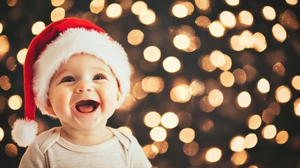 Sticker - Babies radiate joy and happiness while wearing a festive Santa hat amidst a backdrop of twinkling lights during Christmas