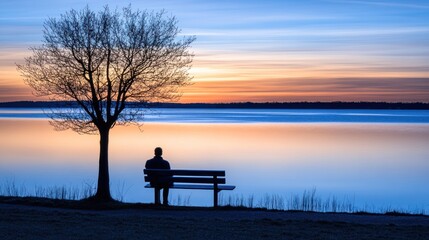man sitting alone on a park bench looking at the lake in the park