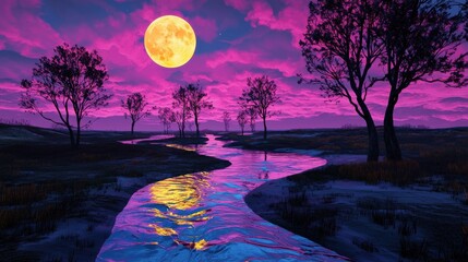 Wall Mural - Mesmerizing Moonlit Landscape with Serene Reflection