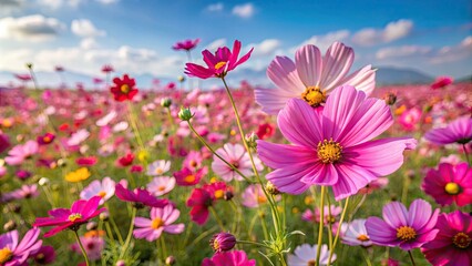 vibrant cosmos flowers blooming in a field , vibrant, blooming, cosmos, flowers, beautiful, garden, 