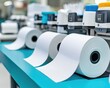 © WACHI - A clean workspace features multiple paper rolls and stamping machines, emphasizing organization and efficiency in printing tasks.