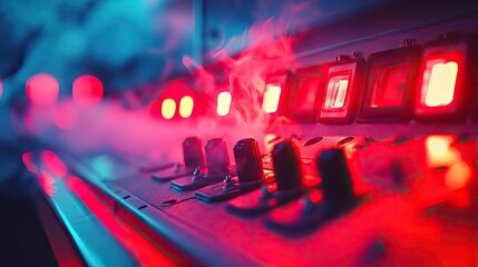 Aufkleber - Control panel with glowing lights and smoke effects, futuristic design.