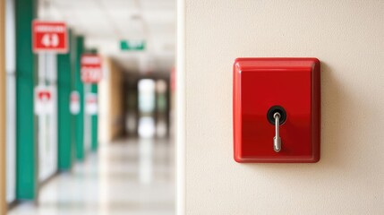Poster - Red fire alarm on a wall, modern hallway background, clear focus.