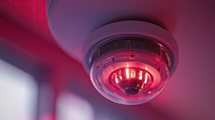 Poster - Ceiling-mounted smoke detector with red light, modern safety device.