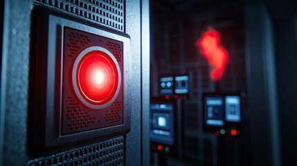 Poster - Close-up of a red alert light in a high-tech server room with glowing screens.