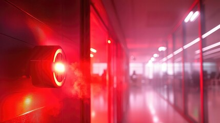 Aufkleber - Red alarm light in a modern office environment with blurred background.