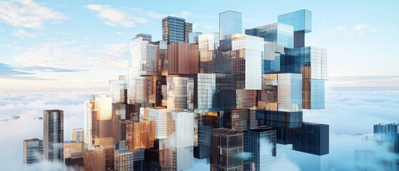 Poster - Exploring geometric cityscape layers in misty blue warm tones urban environment digital art concept