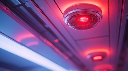 Aufkleber - Close-up of red emergency light on a ceiling in a modern building.