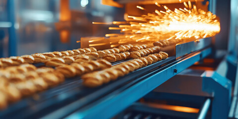 Poster - Manufacturing process for breadsticks in an industrial facility featuring steel equipment and production line